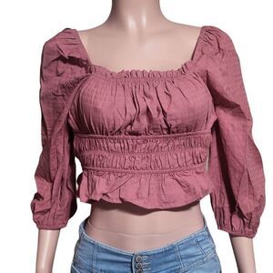 Baevely mauve 3/4 sleeve elastic detail ruched back tie crop smock blouse S, M,L